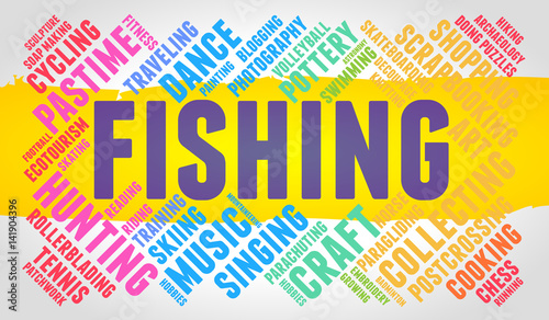Fishing. Word cloud, multicolor font, yellow stripe, grey gradient background. Hobby.