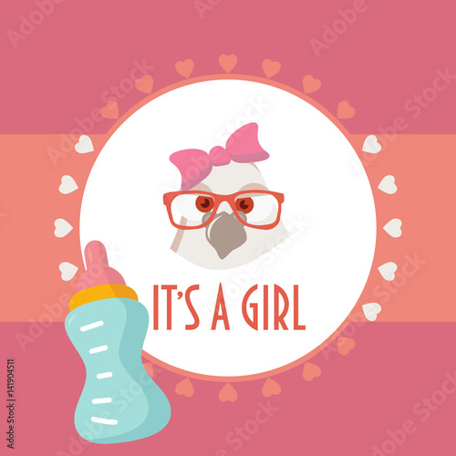 Baby shower card "It's a girl". Baby birth celebration invitation or poster template. Girlish baby shower party announcement.