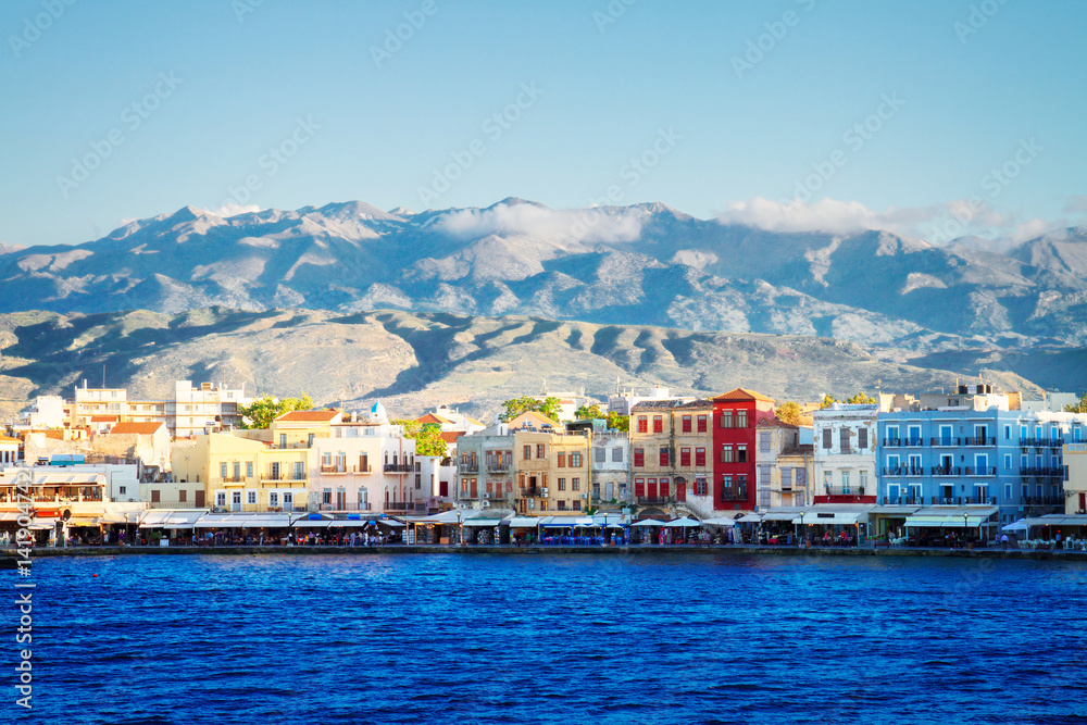 venetian habour of Chania at sunny day, Crete, Greece, toned