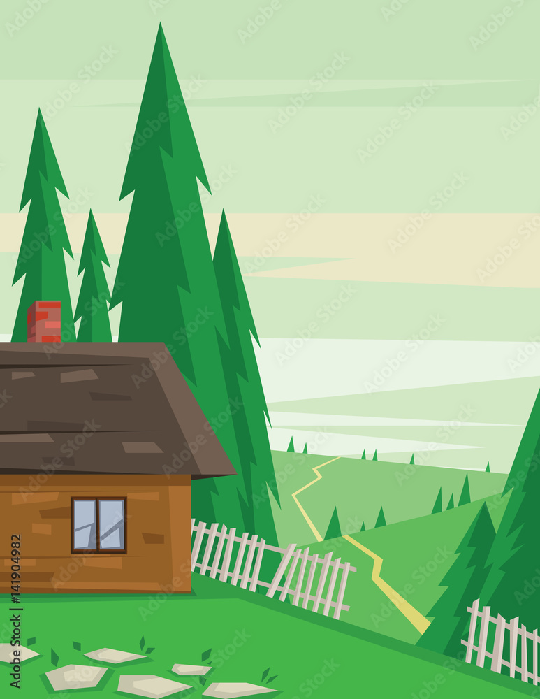 Digital vector abstract background with a house in the forest with ...