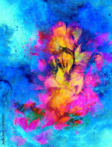 Cosmic space with flower, color galaxy background, computer collage.