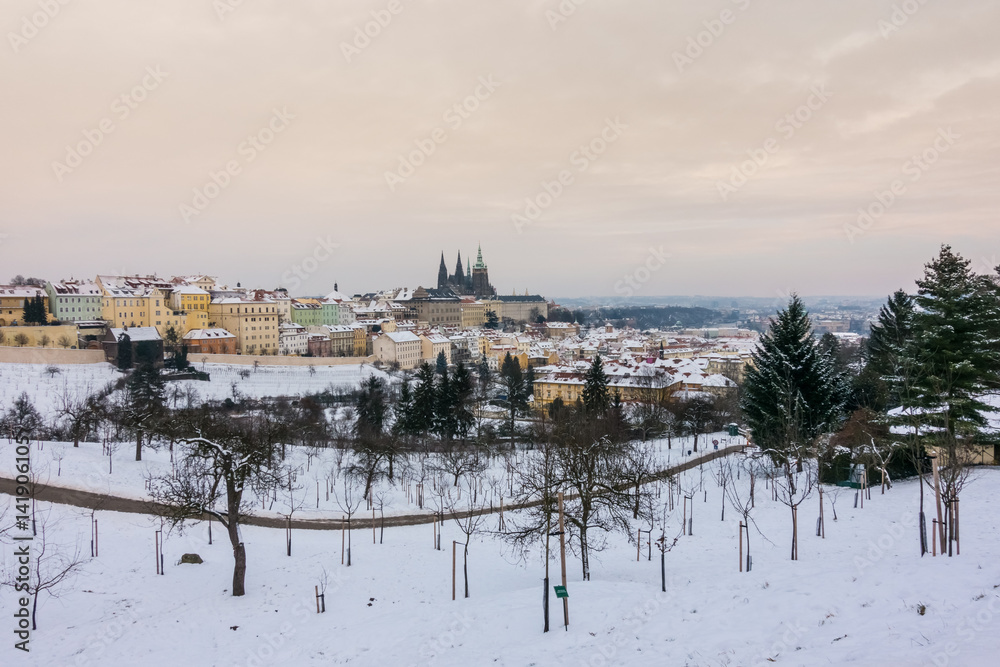 View of Prague and its Castle under the snow in winter