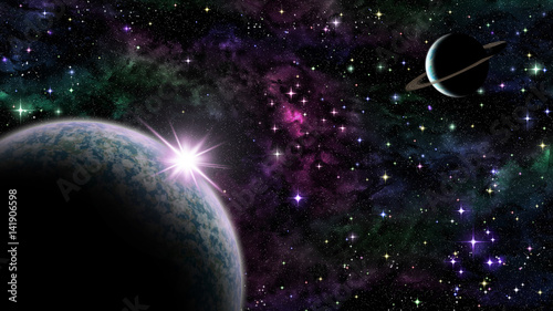 Fototapeta Naklejka Na Ścianę i Meble -  Purple sunrise over planet in space