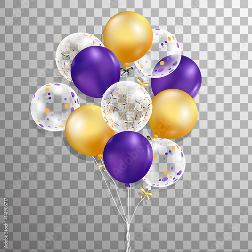 Set of purple, gold, wthite with confetti helium balloon isolated in the air . Frosted party balloons for event design. Party decorations for birthday, anniversary, celebration. photo