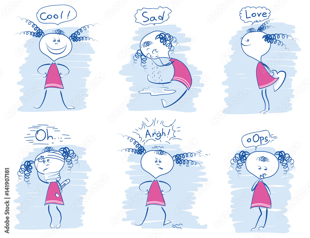Set of young girl emotions.Vector doodle hand draw illustrations Set of young girl emotions.Vector doodle hand draw illustrations