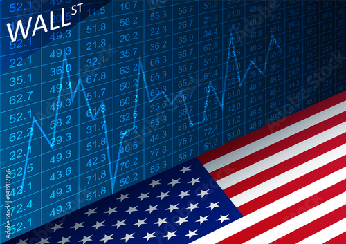 Stock exchange chart and american flag. Data analyzing in trading market on Wall Street.