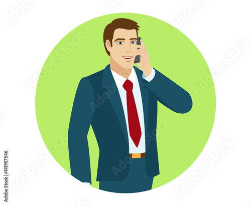 Businessman talking on the phone and holding briefcase