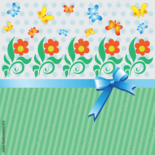 Lawn with flowers and butterflies.The background is striped with satin ribbon and bow. Decorative composition for the decoration of children's products.
