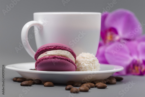 Fototapeta Naklejka Na Ścianę i Meble -  Orchid and white cup of coffee on a gray background