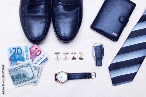 mens set shoes, tie, wallet and money