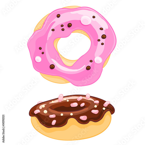 Two sweet cartoon icons donut with sprinkles, frosting and the marshmallow.