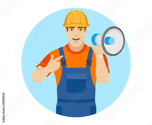 Builder pointing on the loudspeaker