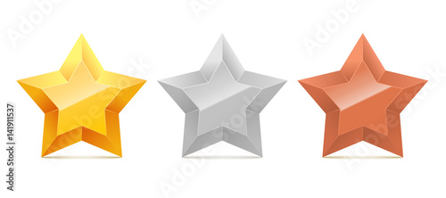 Set of 3D gold, silver and bronze stars