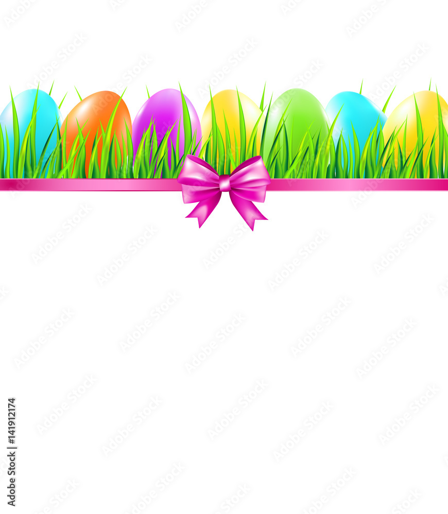 Easter banner template with colorful eggs, grass and ribbon. Vector illustration.