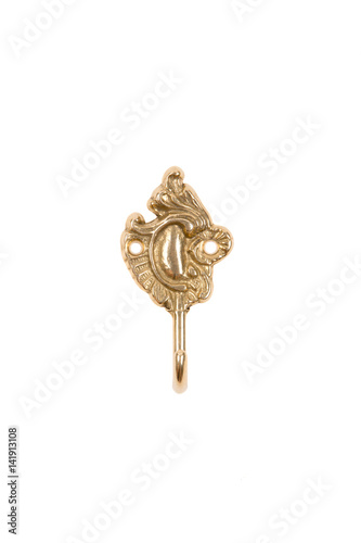 Vintage gold coat hook on white background