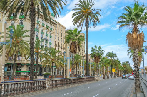 Cars in the street  warm late afternoon in Barcelona.  Palm tree-lined street with apartment   condo buildings with waterfront addresses.  People meet at a at cafe across the street.