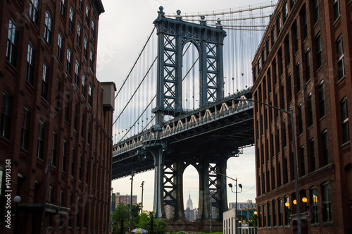 Manhattan Bridge and Brick Buildings in Brooklyn, New York, USA
