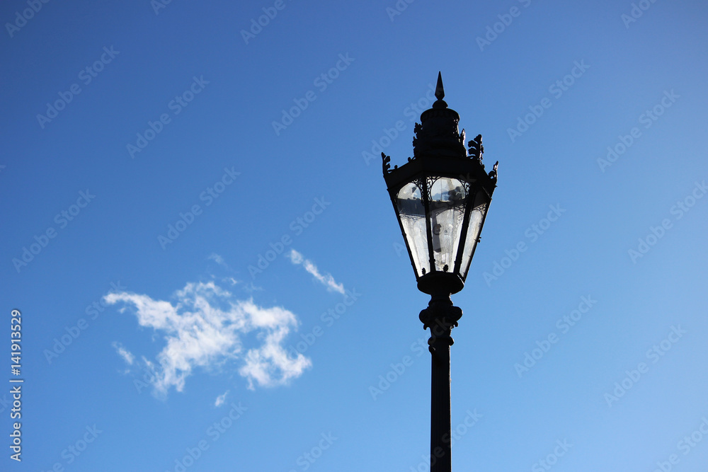 Lantern in the park in the spring sunlit by the sun