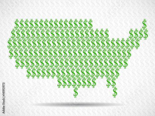 Abstract USA map with signs of the us dollar. Vector background