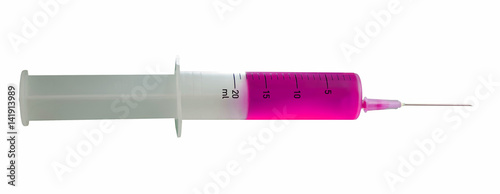 Isolated syringe with needle with purple liquid photo