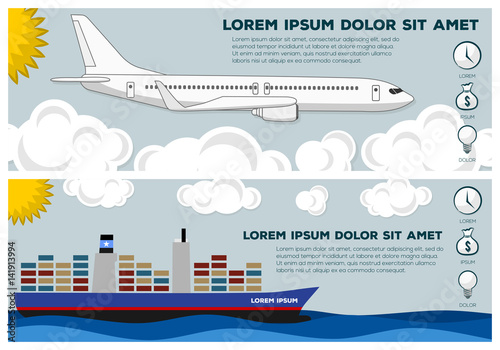 Air and Sea Ocean Transportation banners or posters. Ideal for web site or social media network cover profile image. Modern flat style vector illustration