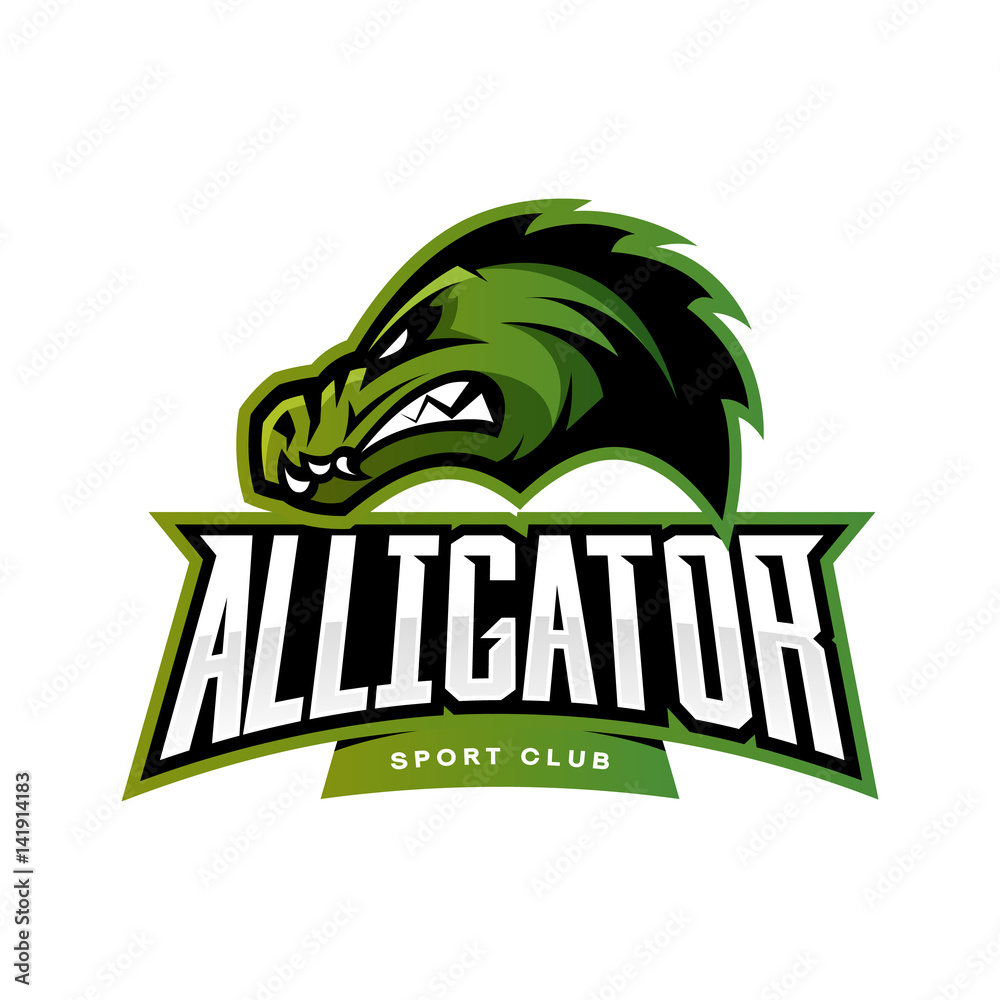 Naklejka premium Furious alligator sport vector logo concept isolated on white background. Professional team predator badge modern design. Premium quality wild animal t-shirt tee print illustration.