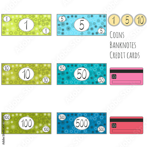 Set of funny vector banknotes, coins and credit cards for game. Isolated on white background. Money for playing shop, market, marketplace, supermarket. Requisite for cash or counter