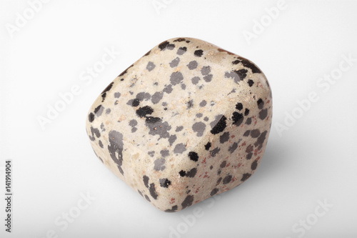 Polished stone Dalmatian on a white background. photo