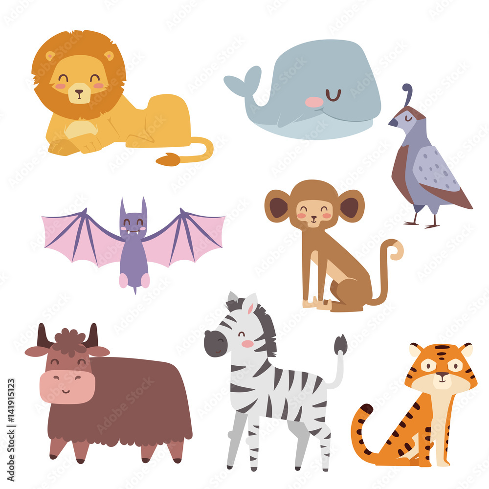 Naklejka premium Cute zoo cartoon animals isolated funny wildlife learn cute language and tropical nature safari mammal jungle tall characters vector illustration.