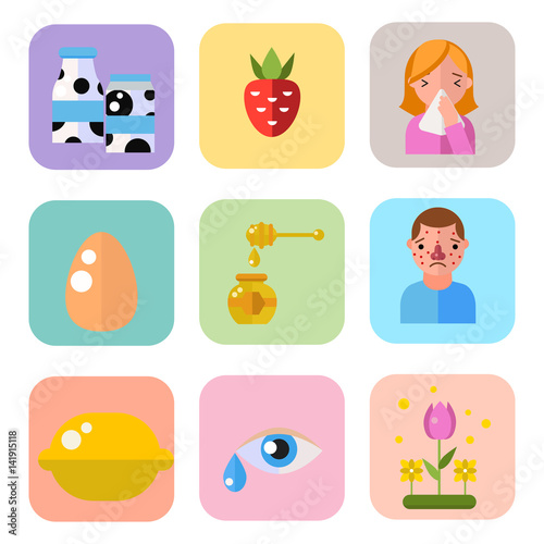 Allergy symbols disease healthcare tablets viruses and health flat label people with illness allergen symptoms disease information vector illustration. © Vectorvstocker