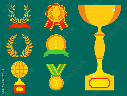 Vector trophy champion cup flat icon winner gold award and victory prize sport success best win golden leadership competition illustration.