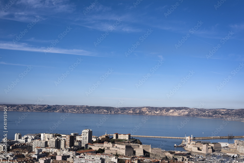 beautiful panoramic view of the city of Marseille harbor, France