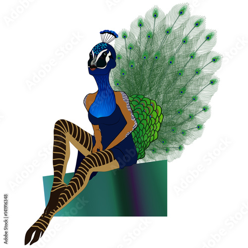 Peacock Woman - Colorful Peacock girl with green peacock tail