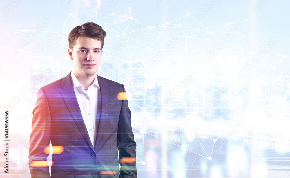 Young businessman in office and a city Young businessman in office and a city