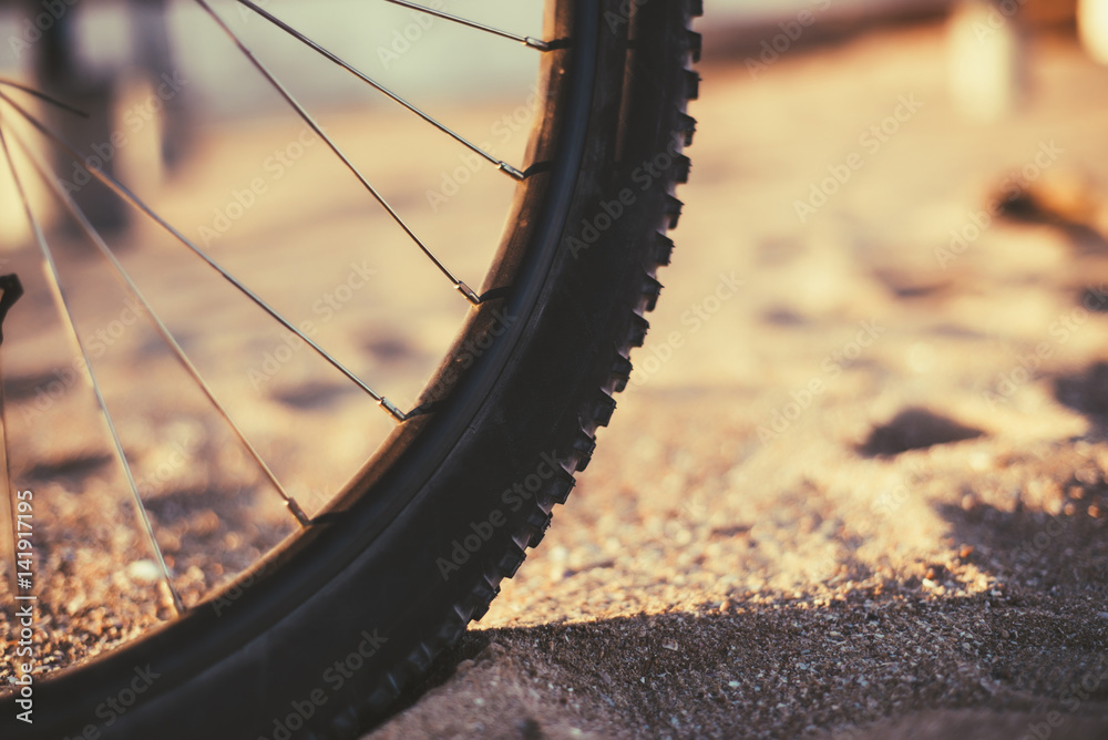 Fototapeta premium A wheel of a bicycle. Blurred background. Close-up