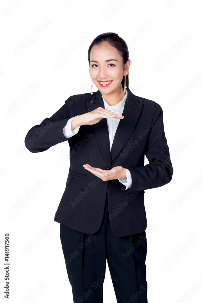 Business young girl show the gestures with hand isolated on a white background Business young girl show the gestures with hand isolated on a white background
