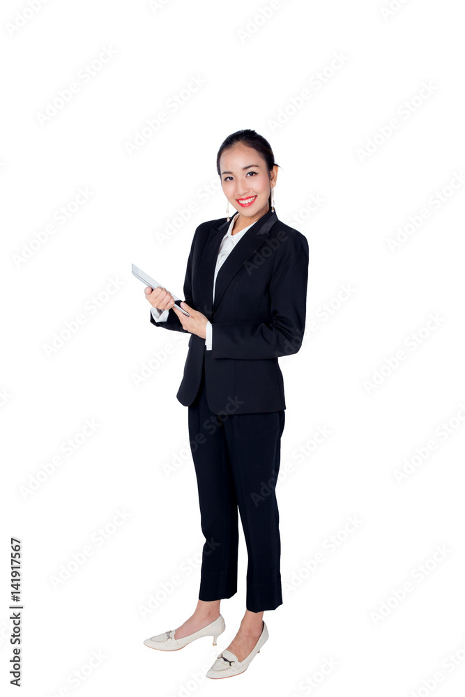 Young woman holding using touch pad tablet computer, isolated on white background, model is a asian beauty