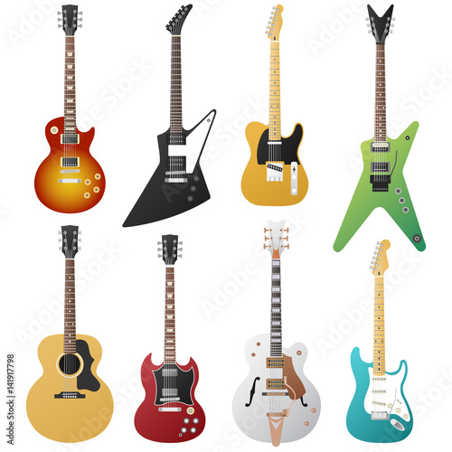 Electric guitars collection, vector musical instruments isolated. 