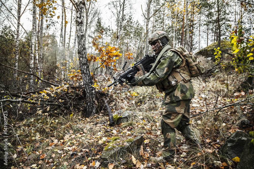 Norwegian Rapid reaction special forces FSK soldier patrolling in the ...