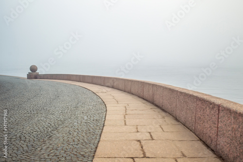 Fog in the city. Granite quay. Petersburg.