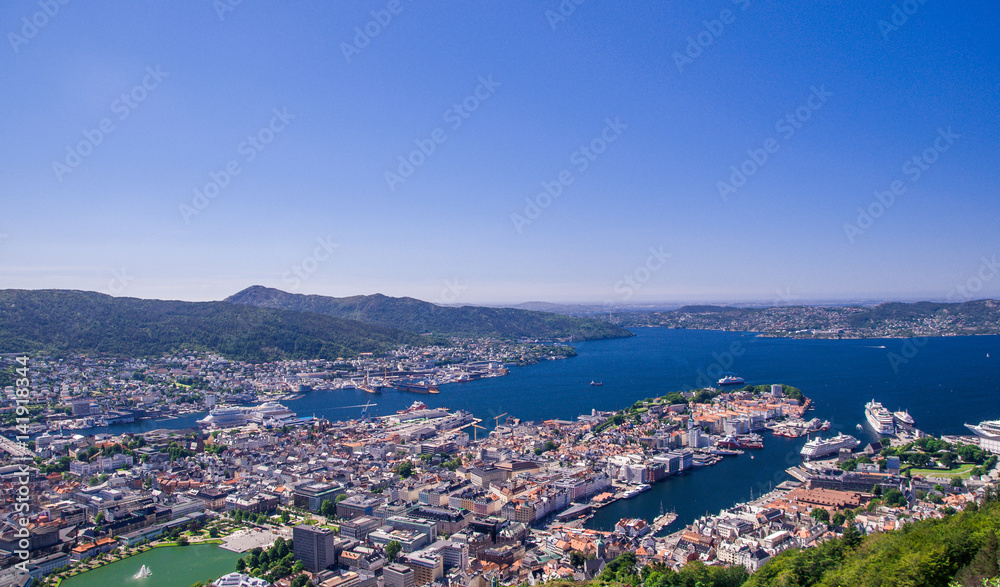Panoramic view over cityscape of bryggen  - Norway