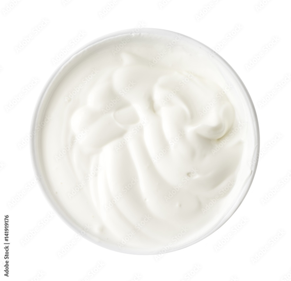 Bowl of Yogurt Isolated on White Background, Top View Bowl of Yogurt Isolated on White Background, Top View