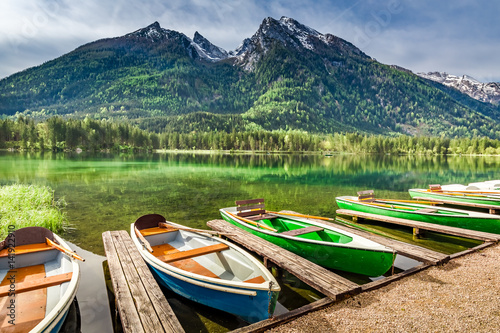 Few boats on the lake Hintersee in German Alps  Europe
