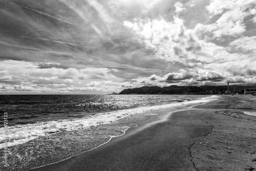 Italian seascape with gorgeous cloudscape black and white