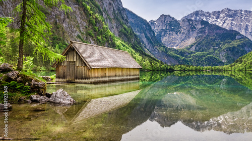 Obersee lake and small wooden cottage, Alps, Germany, Europe