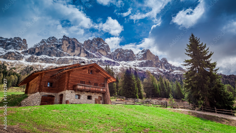 Beautiful view of the cottage in the Dolomites, Italy, Europe