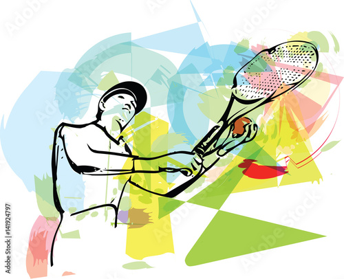 Sketch of one man tennis player at service serving silhouette