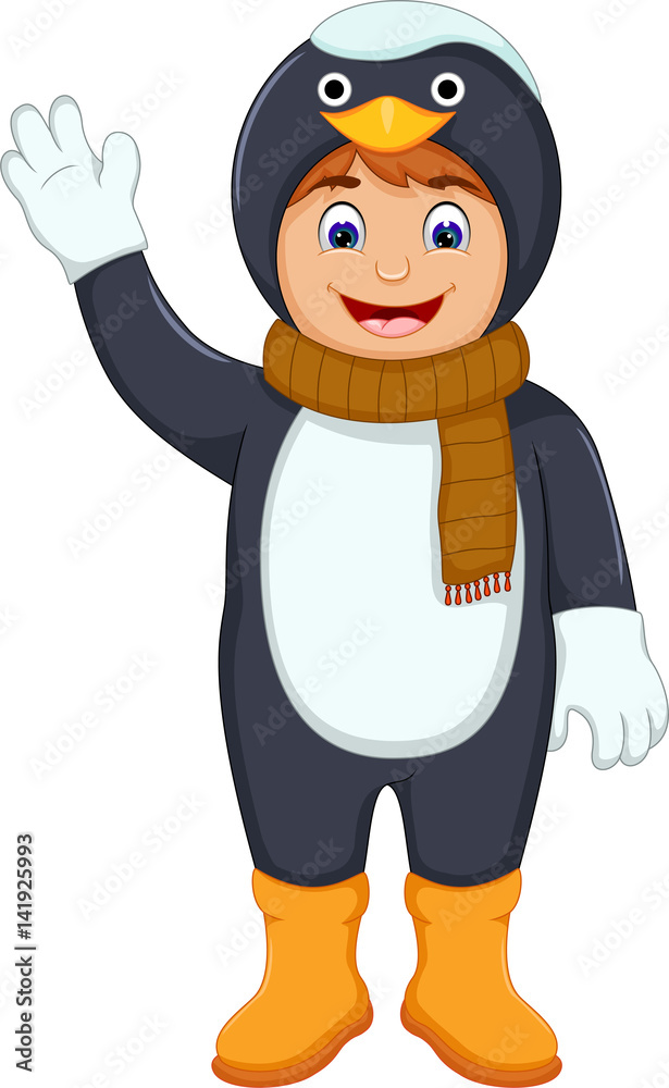 Obraz premium cute boy cartoon with penguin costume