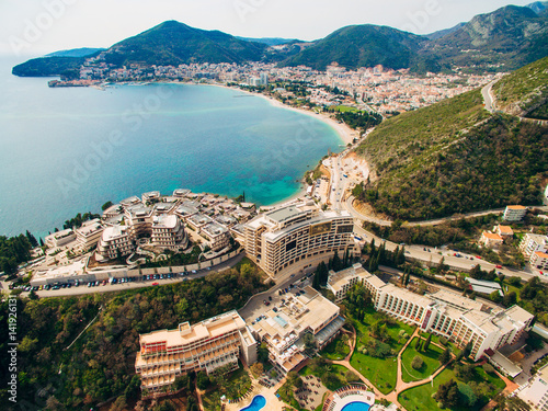 Luxury hotel complex Dukley in Budva, Montenegro. Shooting with the drone, aerial photo