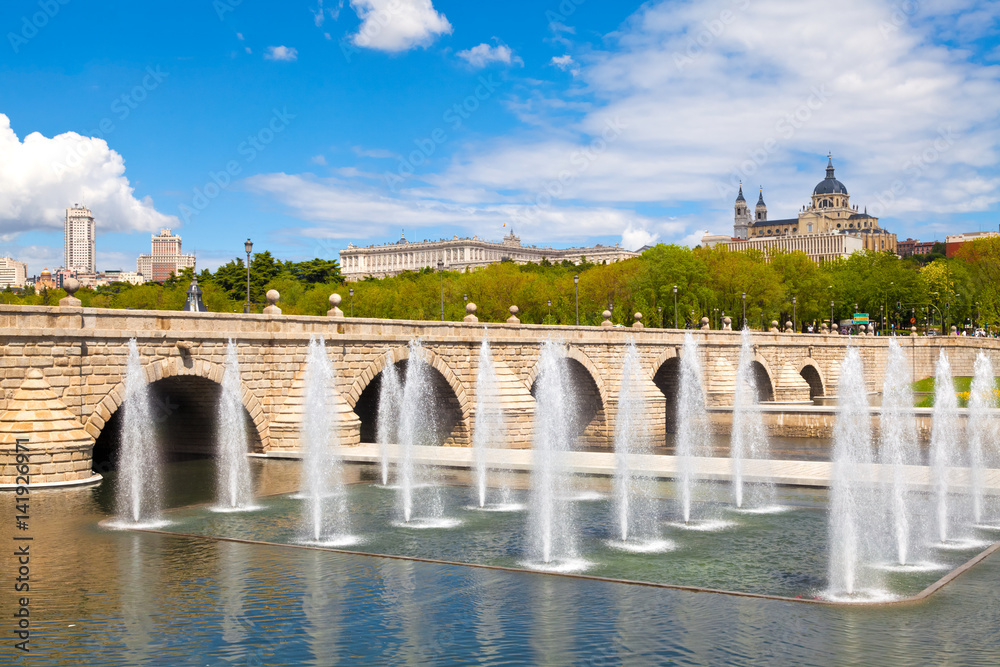 Madrid Skyline with Segovia Bridge, Almudena Cathedral and Royal Palace